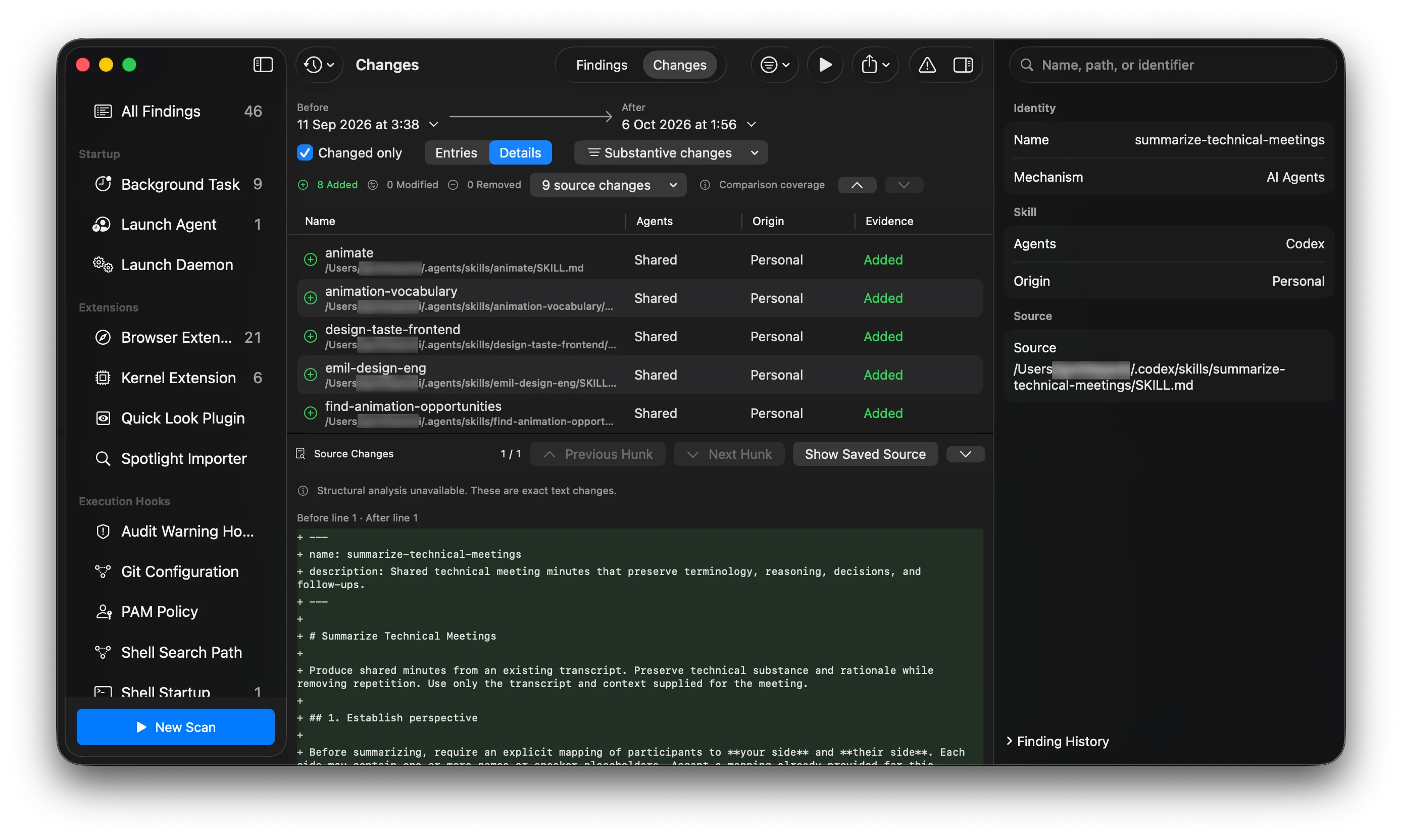 Towl listing added agent skills and showing the selected skill’s captured source excerpt.