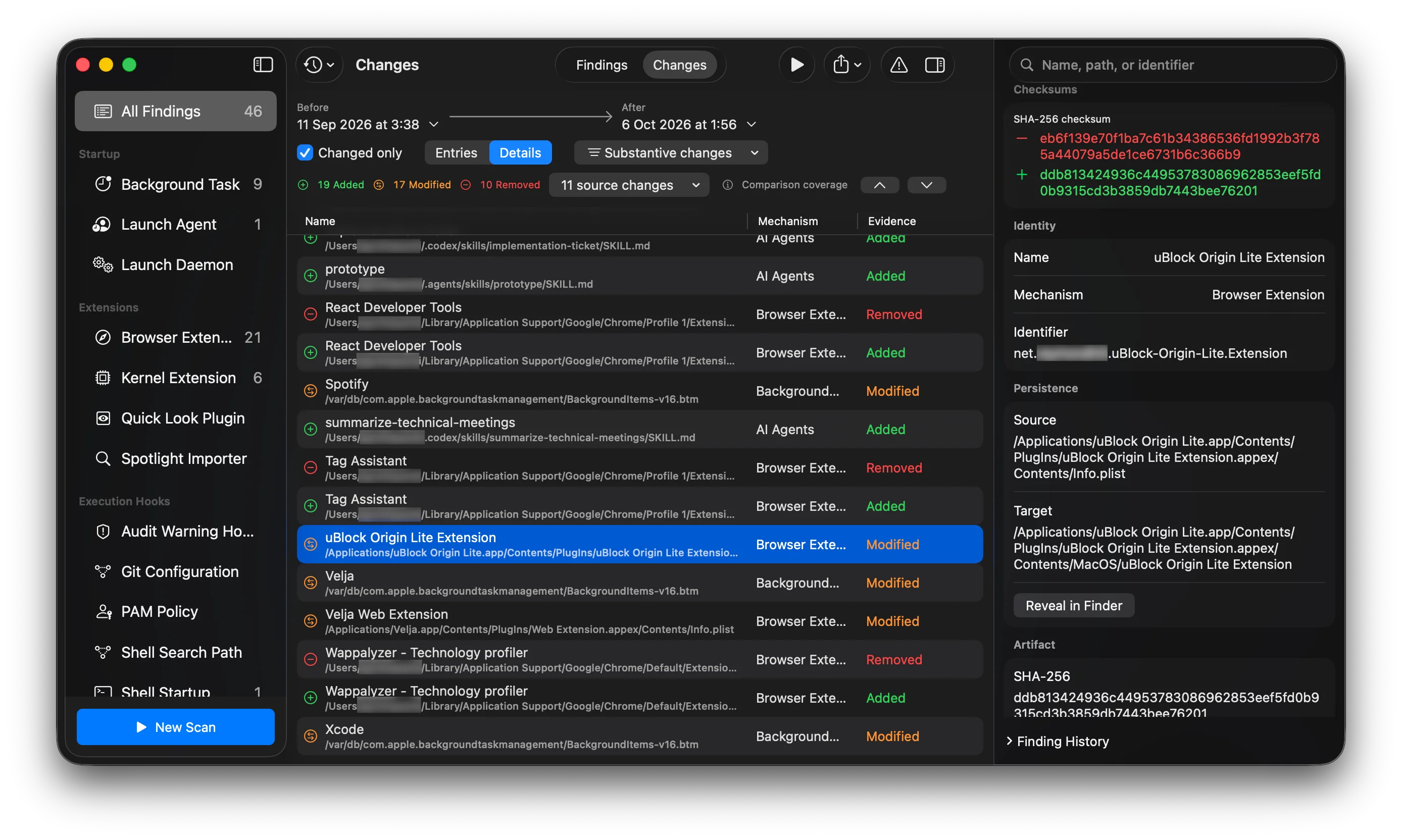 Towl comparing recorded changes, including checksum and identity details for a browser extension.